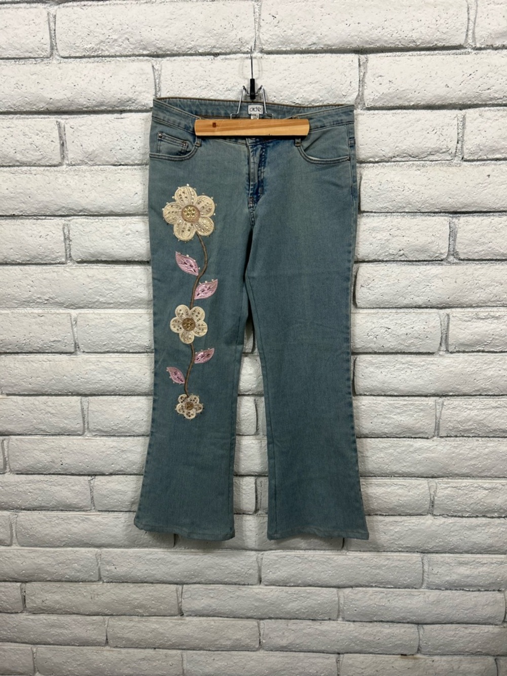 Cache Blue Flare Jeans with Cream & Pink Floral Embroidery